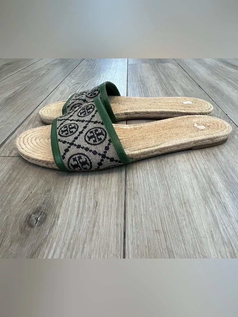 Tory Burch Monogram Espadrille Slides Sandals Green Tan Womens 8